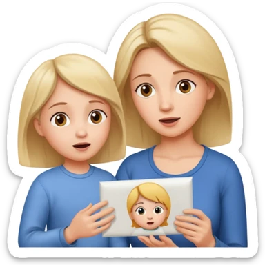 pleasanty surprised mother with child showing drawing sticker