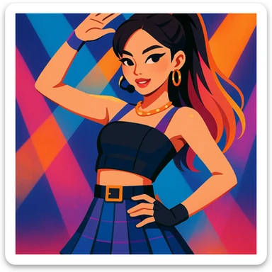 K-pop girl, stylish stage outfit, trendy hair, confident pose, modern pop style, vibrant toon style, colorful, dynamic lighting sticker