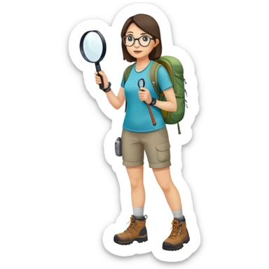 Woman in her 40s with glasses wearing sporty outfit, hiking boots, and backpack, holding a magnifying glass and looking curious sticker