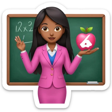 a brown skin teacher with hair with black straight long hair wearing pink not hot pink 2 piece set teaching up on a board the board nothing on the board but a pink apple sticker