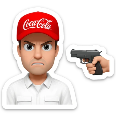 grumpy coca-cola employee with someone pointing a gun to his head sticker