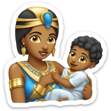 Egyptian female pharaon playing with a baby, tanned skin, golden blue costume sticker