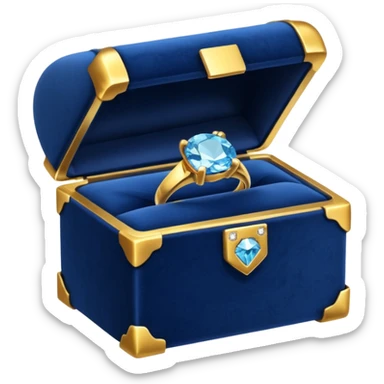 a dark blue box containing a gold ring with a diamond sticker
