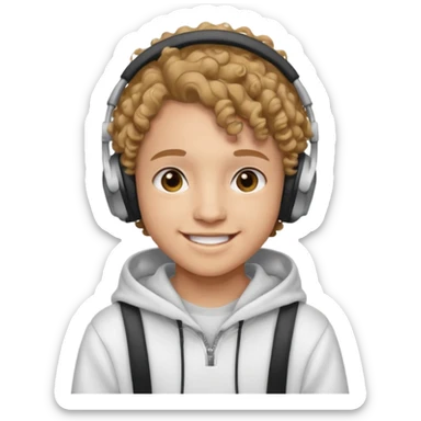 Faça um adolescente de cabelo cacheado médio sorrindo com um aparelho dental e fones de ouvido, com um moletom branco sticker