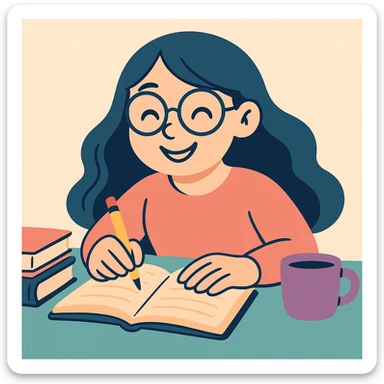 Make the studious girl smile, keep her long hair and glasses, working intently, soft pastel illustration style with gentle colors, smooth shading, and a calm mood. sticker