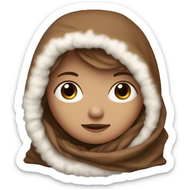 White girl with long brown hair wrapped in the fluffiest brown blanket sticker