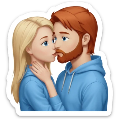 Long-pale-blonde hair, beautiful girl with blue eyes-wearing a light blue hoodie, facing, kissing reddish-brown hair-beard boy blue eyed white guy sticker