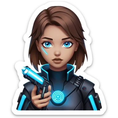 Neon cyberpunk style 
girl with brown hair and blue eyes 
shoots sticker