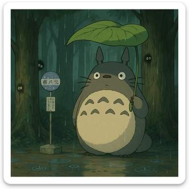 Totoro waiting at a misty forest bus stop, holding a giant leaf umbrella, while tiny soot sprites peek out from tree trunks nearby and raindrops ripple in puddles at his feet. sticker