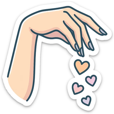female hand with long fingers sprinkling hearts like seasoning, icon-color-outlined style, detailed shadows and highlights, thin clean contours, soft rounded shapes, pastel palette #98B5BC, #B5B3C1, #C9A3C9, #E4C0CA, #F7DCD1, #F7C0AA, modern Japanese pop art and sticker aesthetic, soft lighting, transparent background sticker
