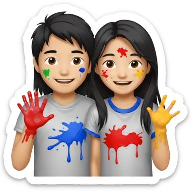 Happy Asian boy with long hair and girl messy painters sticker
