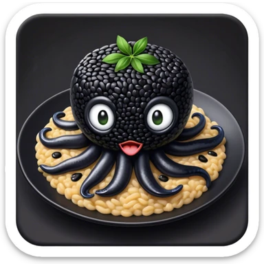 Cinematic Realistic Black Risotto Dish Emoji, showcasing a rich squid ink-infused risotto rendered with bold textures and dynamic, dramatic lighting. sticker