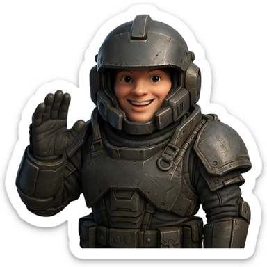 Modify the armor to resemble the Helldivers 2 game design, with oversized helmet and armor details, cheerful expression, no background. The style should capture the unique and recognizable features of Helldivers 2 armor with emphasis on the helmet and armor proportions. sticker