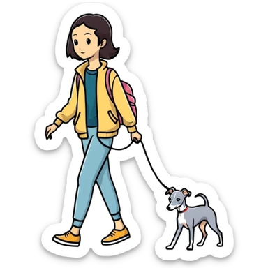 Pretty Asian girl with attractive features walking an all grey Italian greyhound with no white nose sticker