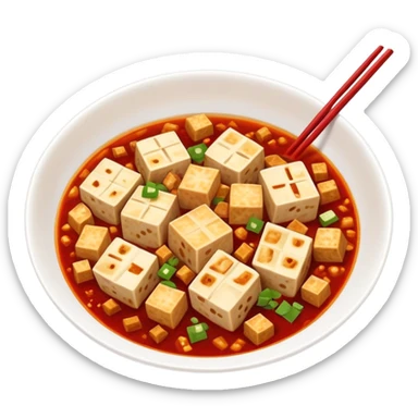 Sichuan mapo tofu spicy red dish with tofu cubes, simplified emoji style with bold outlines and bright colors, cartoon style Chinese tofu dish sticker