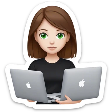 Girl with brown hair and white skin hold macbook green eyes t-shirt black sticker
