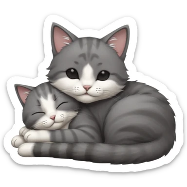 dark grey and white small cat with his eyes closed, leaning his head on his paw while leaning on his elbow lying down sticker