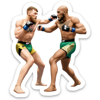 An MMA showdown between Conor McGregor and Anderson Silva in the octagon. McGregor is executing a jumping strike, while Silva skillfully deflects the attack. The background shows the UFC octagon with roaring fans and vibrant energy. Transparent background. sticker