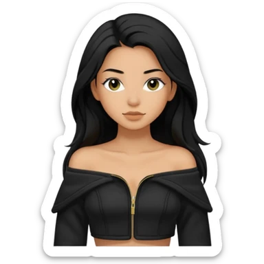 Siyah uzun saçlı siyah ceket  polar ceket ceket gevşek biraz omzundan çıkıyormuş gibi ve bugday ten rengi soltaraftaki omzundan çıkık sadece içinde de siyah crop var crop açık esmer esmer sticker