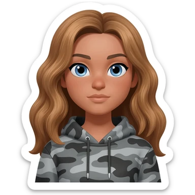 Girl with long wavy light brown hair, blue eyes , medium skin tone, wearing a gray camo hoodie and giving a side eye sticker