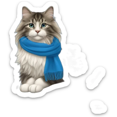 Norwegian forest cat sitting in a tree with a blue scarf sticker