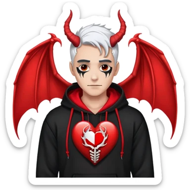 man with black and white hair, half black face, red horns, black hoodie, red wings, dragon skeleton, heart necklace sticker