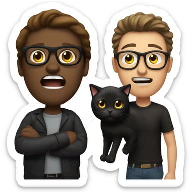 medium length brown haired man with black glasses being attacked by fat black cat sticker