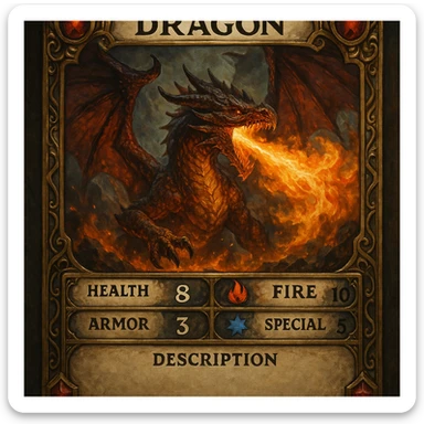 collectible role-playing card showing a majestic fire-breathing dragon, labeled stats for health, fire, armor, special power, description section, highly detailed ornate fantasy card frame, bold colors, epic style sticker