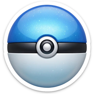 blue pokeball emoji, top half is a more saturated blue, bottom half is white, black stripe, with a white sheen, with a pearlescent finish, with a glitter sparkle effect sticker