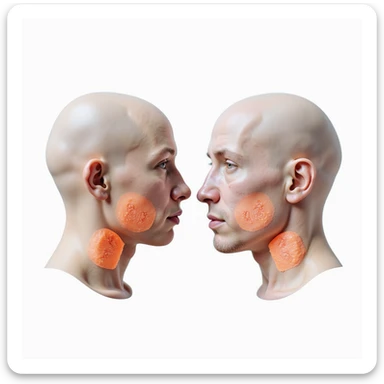 close-up of human and pig heads side by side, transparent overlay showing thyroid position in both, white background, hyperrealistic 4K sticker