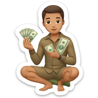 1 man is kneeling, holding a wad of money and asking sticker