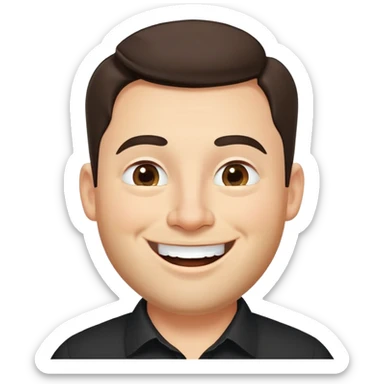 Fuller-figured businessman with light brown complexion, pear-shaped face with wider jawline, very friendly open expression, laughing smile, kind approachable eyes, thick eyebrows, wide nose, short neat beard, short dark hair, wearing a black shirt sticker