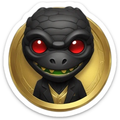 Reptiloid in black suite with red laser eyes on the gold coin sticker