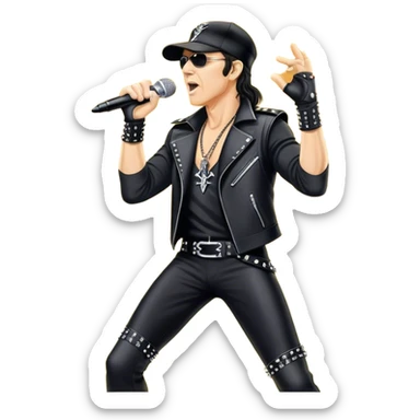 Icon for Rock Music: Klaus Meine holds a microphone stand in his hands performing with Scorpions on stage, with powerful stage presence. The vibe should capture the energetic and iconic sound of Scorpions, with vibrant lighting and a stadium atmosphere. Transparent background. sticker