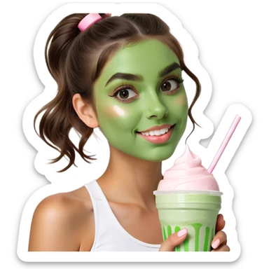 Girl with brown eyes a little bit blush highlighter brown hair not long with milkshake in￼ hand sticker
