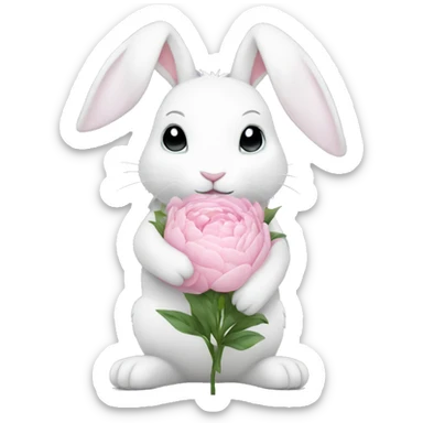 cute white bunny holding light pink peonies sticker
