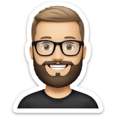 Light-skinned man with full beard, short hair brushed upward, big black glasses frames, happy smile, black sports shirt sticker
