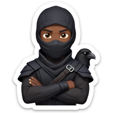 clash-of-clans-aesthetic_-cinematic-mysterious-male-ninja-portrait-emoji, rendered in a flat, vector-style with minimal shading and bold, simplified shapes, with a head slightly turned revealing intense, focused eyes. the ninja has his arm out and perched on top of his forearm is  a  giant black crow sticker