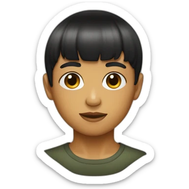 black bowl cut, olive skin, eyebags sticker