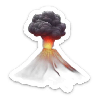 A volcano erupting at night, next to a village sticker