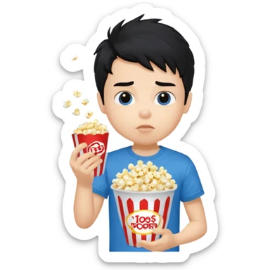 generate a pretty fair bratz boy with a blue tshirt on. eating popcorn. messy black hai sticker