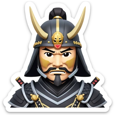 clash-of-clans-aesthetic_-cinematic-fearsome-and-majestic-samurai-bust-portrait-emoji, rendered in a flat, vector-style with minimal shading and bold, simplified shapes typical of emoji art, depicting a battle-hardened samurai with black mask and traditional black Japanese armor. The samurai is riding a noble grey warhorse adorned with an intricately designed saddle and fluttering banners and a rising sun. a samurai on a   horse sticker