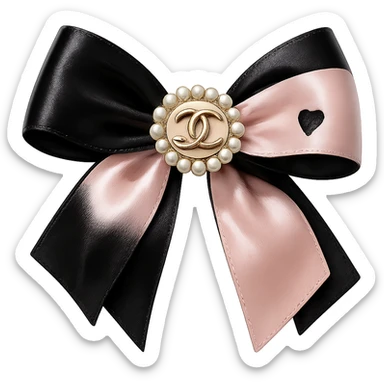 Remove the background, keep only the elegant bow with pearls and gold Chanel logo, glossy, pastel colors, realistic style, with no background. black pink, heart sticker