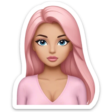 Glamours, tanned, very beautiful girl, with big pump peach-beige-rose lips, long long lashes, black straight smooth silky long hair, straight parting hair, blue-grey eyes in light pink long-sleeves v-neck bodysuit sticker