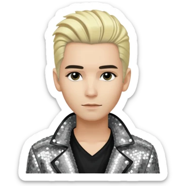  Bill Kaulitz from Tokio Hotel with blonde hair, silver sequin jacket, black shirt sticker