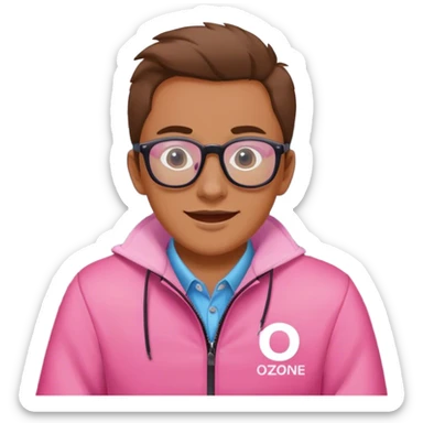 A courier in a pink jacket with the inscription ozone, wearing glasses, sits in the car joyfully sticker