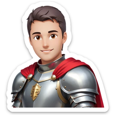 Create a side-view RPG character asset in a clean. The character is a brave knight with exaggerated, rounded features and minimal linework. They wear polished armor in silver tones, with a bright red cape flowing behind them. The face should have large, expressive eyes and a friendly smile that’s clearly visible even from the side view. Keep proportions simple and cartoony. The stance is slightly turned to emphasize the character’s side profile (facing right), with one hand on the hip and the other resting on a sheathed sword at the waist. The colors should be vibrant and easy to read, with smooth shading reminiscent of typical emoji designs. Include two variations: one idle pose and one simple walking pose, each capturing the playful, streamlined look of emoji-like characters. sticker