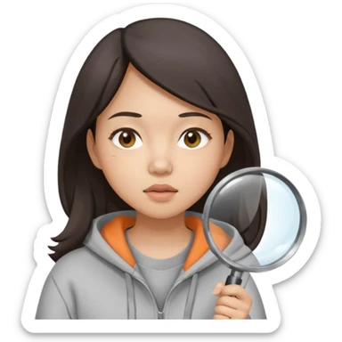 A brunette asian woman wearing hoodie holding a large magnifying glass and squinting at something to intently sticker