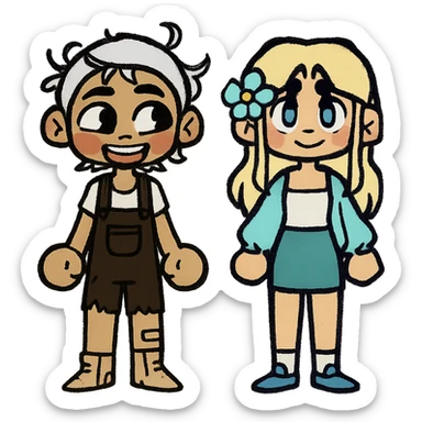 Create a couple image of these two cartoon characters standing side by side, both with happy expressions, matching their style, transparent background. sticker