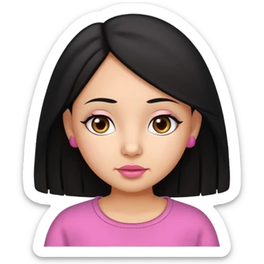 Gordita, ojos pequeños de color cafe oscuro, labios pequeños y rosados, piel trigueña, orejas pequeñas, cabello largo lazio y negro, pequeña. sticker